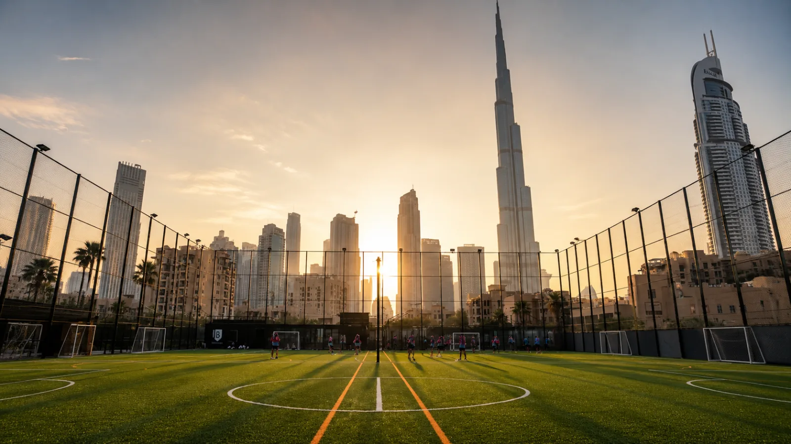 Football pitch at Ballers with the Downtown Dubai skyline and Burj Khalifa