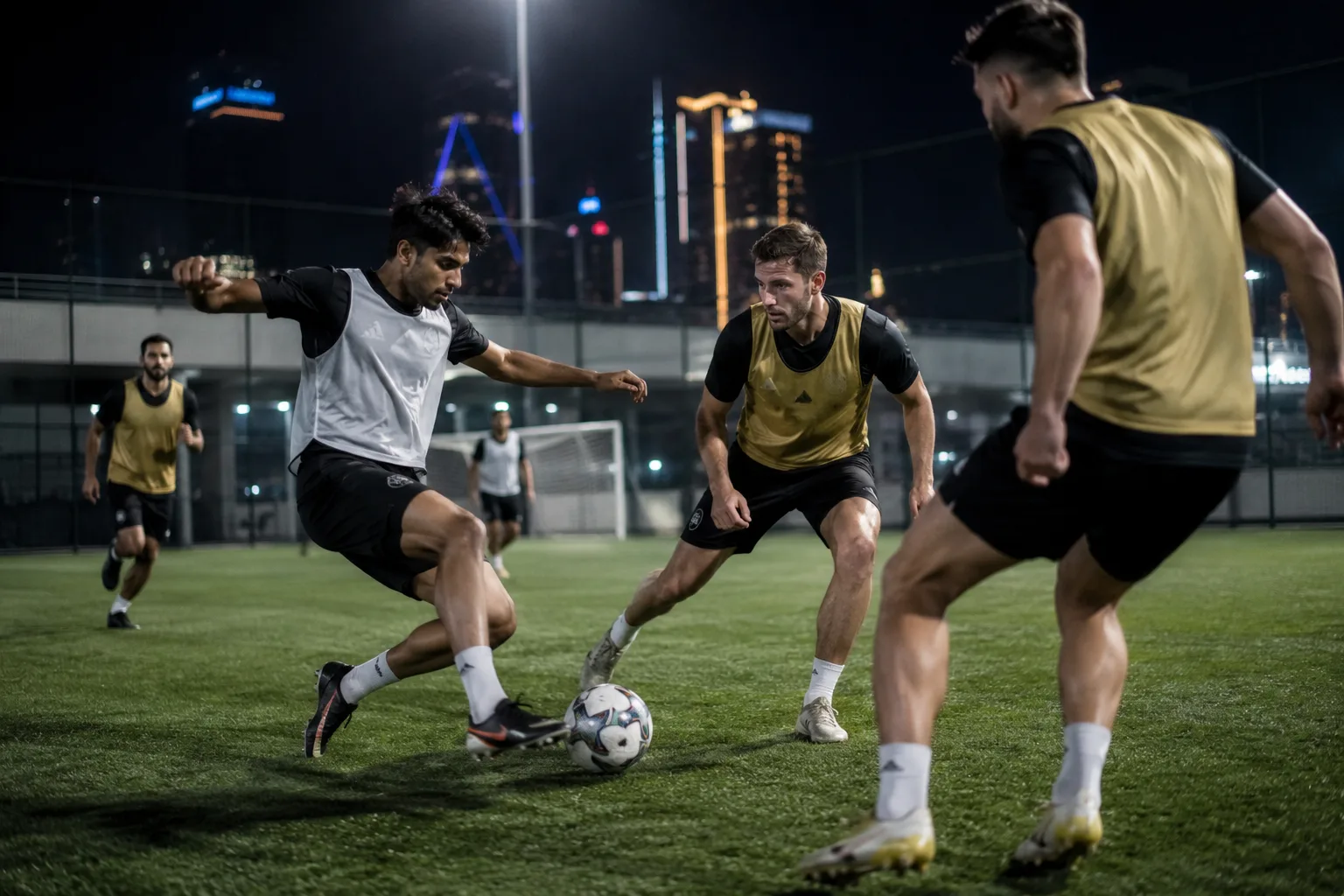 Players wearing bibs during evening football