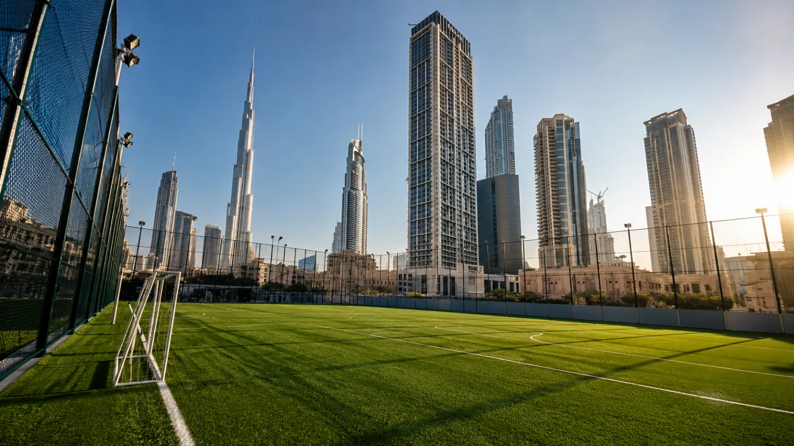 Artificial turf and goal at Ballers with Downtown buildings beyond the pitch
